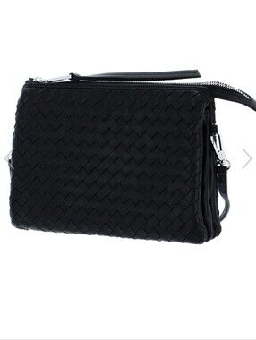 Leather Piuma Weaving Crossbody Bag Threefold Black / Nickel